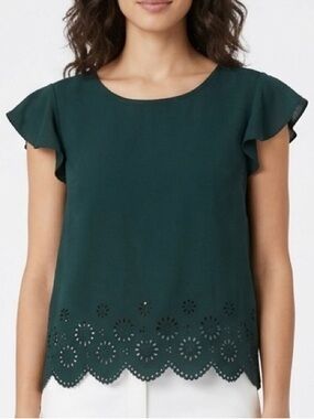 a'gaci Teal Green Flutter Sleeve Eyelet Hem Blouse